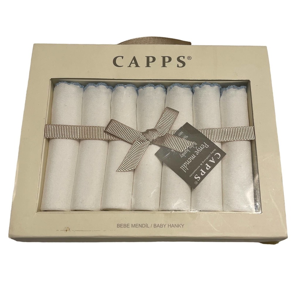 Capps Baby Hanky 7 Pack 100% Cotton Ecru Blue Trim Penye Mendil 1013 New Box